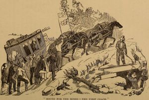 말의 짐을 덜기 위해 마차에서 내린 신사들. 세 명이 뒤에서 어깨를 잡고 있다.