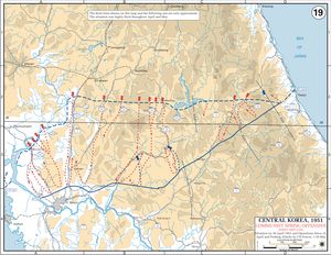춘계 대공세 초기에 유엔군의 배치. 서울로의 직접적인 진격을 막기 위해 제29여단의 위치가 얼마나 중요한지 주목하라.