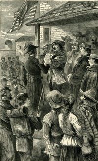 1846년 8월 15일, 뉴멕시코주 라스베이거스의 광장에서 케니 장군이 뉴멕시코를 미국의 일부로 선포하고 있다.