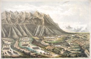 2월 23일 전투를 묘사한 1847년 출판물. 테일러 장군의 보좌관인 이튼 소령의 스케치에 근거한 것으로, 남쪽을 향해 미군이 있고 오른쪽으로 길이 보인다.