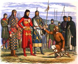 2대 토마스, 4대 험프리 드 보운, 9대 에드먼드 피츠앨런 등 귀족들이 개버스톤을 사형으로 참수하는 장면 (A Chronicle of England, 1864년)