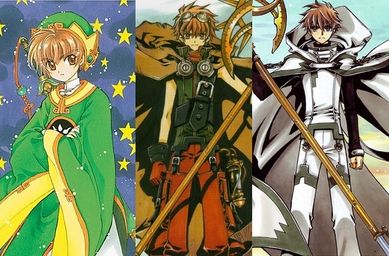 클램프의 교차 참조 및 스토리텔링으로 인해 다양한 방식으로 캐릭터가 재사용되었습니다. 왼쪽: 카드캡터 사쿠라의 리 샤오란. 가운데: 후속작 츠바사 크로니클에 처음 등장하는 샤오란. 오른쪽: 후에 츠바사에 등장하는 또 다른 샤오란.