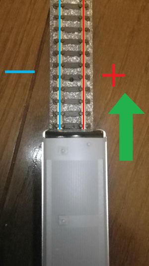 레일의 전기와 열차의 진행 방향 관계 (직류 방식, N게이지)