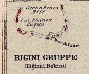 1897년에 출판된 마셜 제도 보호령(Schutzgebiet der Marshall Inseln), 1893년 지도에서 발췌한 비키니 환초 지도