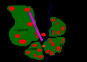 1954년 3월 말 디엔비엔푸의 주요 프랑스군 진지. 엘리안(Eliane) 진지에서는 전투 내내 가장 치열한 전투가 벌어졌다.