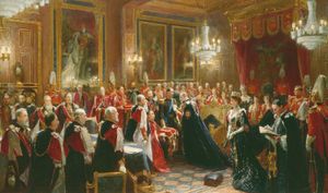 에드워드 7세가 1906년 11월 9일 윈저 성 왕좌실에서 하콩 7세에게 가터 훈장을 수여하는 모습. 시드니 프라이어 홀 작품.