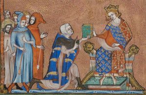 장 드 주앵빌이 그의 저서 『생 루이 전기』를 프랑스의 루이 10세에게 바치는 모습, 미니어처(장식 사본), 1330년대.