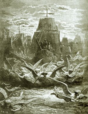 판화로 표현된 십자군 원정을 위해 아그 모르트를 떠나는 루이 9세 국왕(귀스타브 도레 작품)