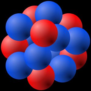 두 종류의 핵자: 양성자(빨강)와 중성자(파랑)로 이루어진 원자핵의 모형. 첫 번째 근사로서, 원자핵은 상호작용하지 않는 양성자와 중성자 기체로 구성된 것으로 간주할 수 있다.