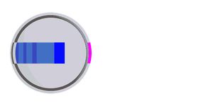 방사선을 좁은 빔으로 집중시키기 위한 긴 콜리메이터가 있는 휠 타입 방사선 치료 장치. 세슘 클로라이드 방사성원은 파란색 직사각형이며, 감마선은 개구부에서 나오는 빔으로 표시된다.