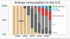 수세기 동안 에너지 소비는 나무 연소에서 화석 연료(석탄, 석유, 천연가스)로, 그리고 최근 수십 년 동안 원자력, 수력 및 기타 재생 가능 에너지원 사용으로 진화해 왔다.