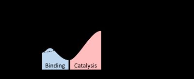 A two dimensional plot of reaction coordinate (x-axis) vs. energy (y-axis) for catalyzed and uncatalyzed reactions. The energy of the system steadily increases from reactants (x