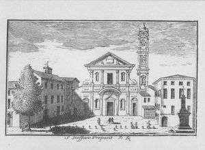 미켈란젤로가 1571년 세례받은, 밀라노에 위치한 산토 스테파노 마조레 대성전. 마르칸토니오 달 레 석판, 1745년 경.