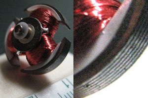 mm}} 회전자. 기생적인 유도 손실을 제한하기 위해 사용되는 전자석 극판의 적층을 확인할 수 있다.