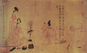 '단장하는 여인', '궁녀에게 하는 훈계' 세부 묘사, 당나라 시대 구개지(Gu Kaizhi)의 원본을 모사한 중국 화가 작품