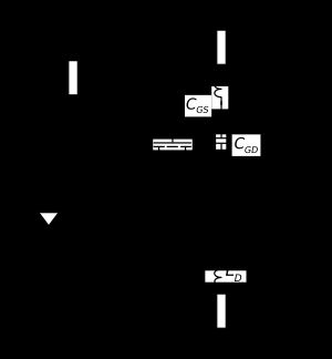 동적 요소(축전기, 코일), 기생 저항, 바디 다이오드를 포함한 전력 MOSFET의 등가 회로