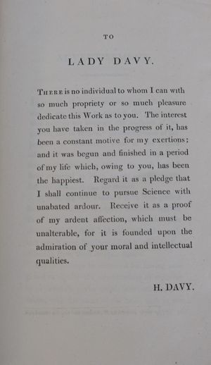 데이비가 아내에게 헌정한 1812년판 "화학 철학의 원리" 헌정 페이지.