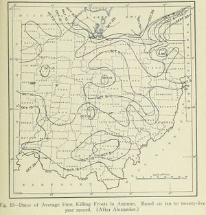 1923년 "오하이오 지리"에서 가져온 오하이오주 평균 첫 서리 발생 지도