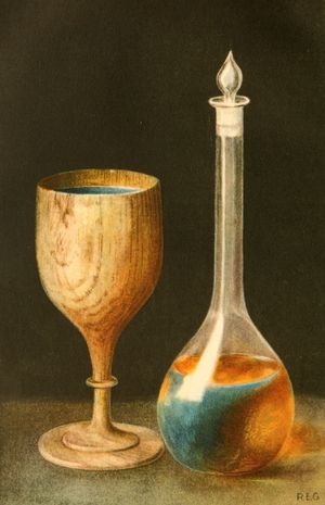 프테로카르푸스 인디쿠스(Pterocarpus indicus)로 만든 컵과 그 나무의 형광 용액이 담긴 플라스크(Lignum nephriticum)