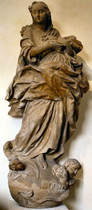 독일 프라이부르크에서 피델리스 스포러(Fidelis Sporer)가 약 1770년에 만든 사암 조각상 "마리아 임마쿨라타(Maria Immaculata)"