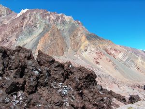 아르헨티나 아콩카과 산(Aconcagua) 근처의 검은 얼음 빙하.
