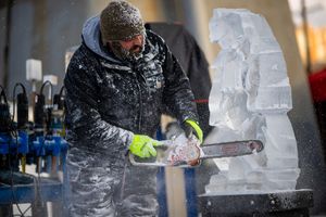 2022년 2월 클리블랜드에서 체인톱을 사용하여 조각하는 조각가