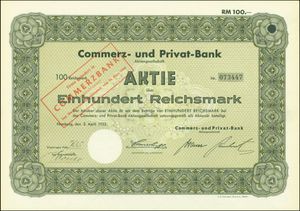 1932년 코메르츠 운트 프리바트방크(Commerz- und Privat-Bank) 주식; 1940년 코메르츠방크(Commerzbank) 명칭이 찍힌 우표