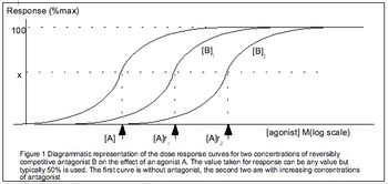 반대수 그래프는 작용제에 대한 가설적 반응을 나타낸다. x축은 로그 농도이며, 다양한 길항제 농도와 결합되어 있다.