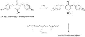 광반응성 비아지드에 의한 폴리이소프렌 고무의 가교 반응으로 음성 감광제가 됨