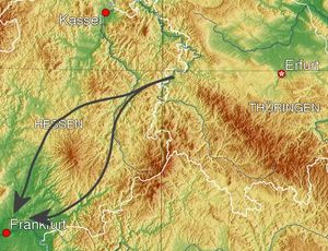 풀다 갭에서 예상되는 풀다에서 프랑크푸르트로의 공격 루트