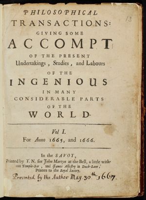 1665년에 출판된 왕립학회 철학회보 초판의 제목 페이지