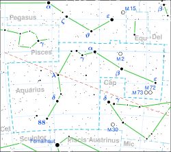 M73은 물병자리에 위치하며, M72의 동쪽(왼쪽)에 있다.