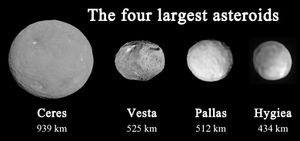 4개의 가장 큰 소행성의 상대적인 크기. 베스타는 왼쪽에서 두 번째이다.