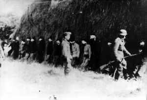 16명의 눈 가린 유고슬라비아 파르티잔들이 처형을 기다리고 있다