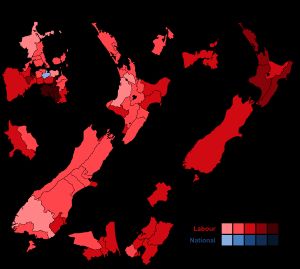 각 선거구별 정당 득표수 지도. 노동당은 72개 선거구 중 71개 선거구에서 가장 많은 정당 득표를 얻었으며, 엡섬에서만 패배했다.