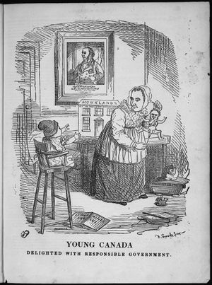 1849년 펀치 정치 만화는 아기 캐나다가 "책임 정부에 기뻐하는" 모습을 묘사한다. 책임 정부의 설립은 반란에 대한 보고서에서 권고되었다.