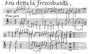 최초로 알려진 독창적인 주제에 대한 변주곡 모음인 Aria detta la Frescobalda(1627) 악보 사본
