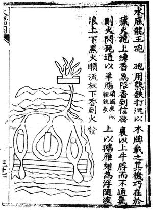 화룡경에 나오는 '수저 룡왕포'(shui di long wang pao)라고 알려진 해군 지뢰. 부유하는 향이 타면서 도화선에 불을 붙이고, 도화선은 염소 창자를 통해 철제 케이스 안의 수중 폭발물을 점화한다.