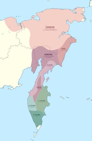 추코트캄차카어족 언어 분포도. † 표시가 있는 언어는 이미 사멸한 언어이다.