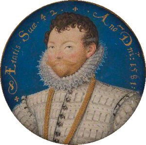 초상화 미니어처(Portrait miniature), 니콜라스 힐리아드(Nicholas Hilliard) 작, 1581년, "그의 나이 42세, 서기 1581년"(Aetatis suae 42, An(n)o D(omi)ni 1581)이라고 적혀 있음