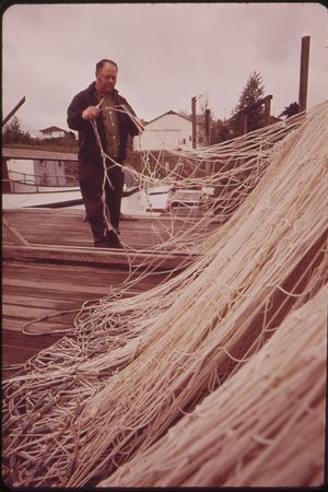 어부가 가막대 그물을 수리하고 있다 (1973년 4월, 오리건주 세인트헬렌스)