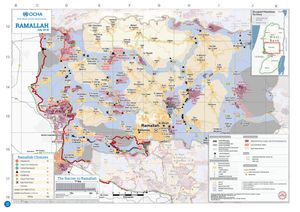 2018 유엔 인도지원업무조정국(OCHA) 지도. 서안 지구의 이스라엘 점령 상황을 보여줌
