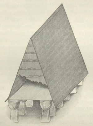 머리 기둥이라고 불리는 돌기둥 위에 세워진 라테 시대 차모로 건물의 재건물 할리기에 대한 재구성