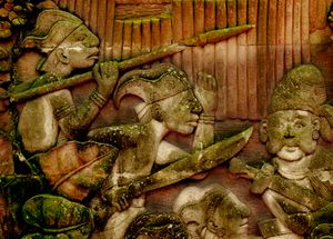 싱가포르 포트 캐닝 공원의 부조에 새겨진 고대 싱가푸라 말레이 전사 묘사.