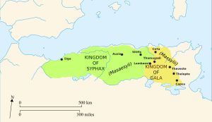 기원전 220년경 누미디아의 베르베르 왕국(녹색: 시팍스 지휘하의 마사에실리; 금색: 마시니사의 아버지 갈라 지휘하의 마실리; 더 동쪽: 카르타고 도시 국가).