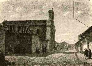 레카레도 산토스 토르네로(Recaredo Santos Tornero)가 칠레 일러스트라도(Chile Ilustrado)(1872)에 그린 산티아고 데 칠레에 있는 페드로 데 발디비아의 집과 베라크루스 예배당.