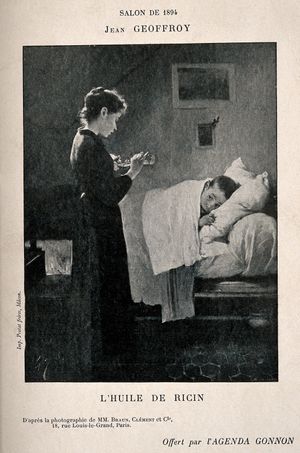 병든 아이에게 피마자유를 먹이는 모습(1894년 프랑스)