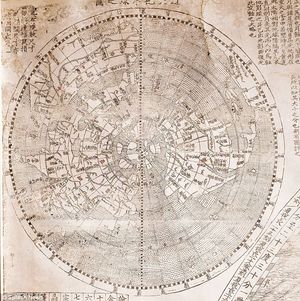 1602년 리치 지도의 왼쪽 첫 번째 패널 상단에 있는 북반구의 소규모 극점 방위 투영도