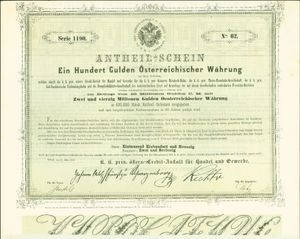 1858년 3월 31일 발행된 크레디탄슈탈트 푸어 한델 운트 게베르베 주식 증서