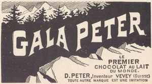 1905년 갈라 피터 광고로 "세계 최초의 밀크 초콜릿"이라고 명시되어 있다.